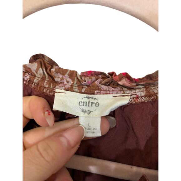 Entro Hopeless Wanderer Dress Brown tie Burgundy Floral Western Boho L cotton - Picture 6 of 6